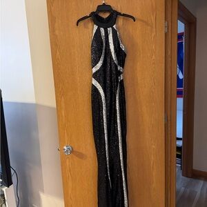 Faviana Black and Silver Sequin Halter Maxi Dress